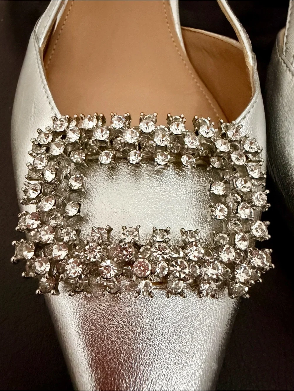 Pancaldi Diane S. Silver Pointed Slingback Heels with Crystal Buckle